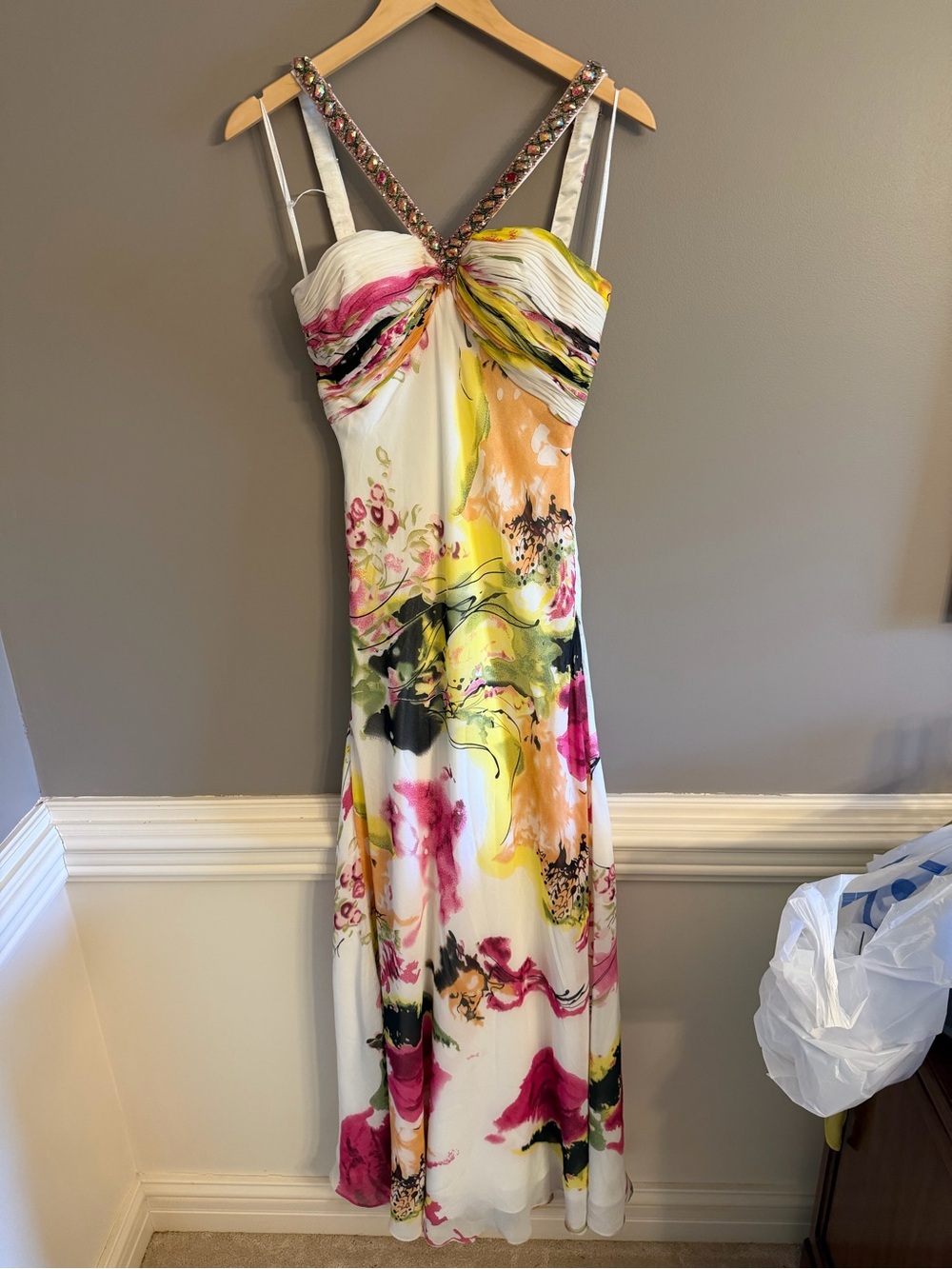 Faviana Y2K Jeweled V-Neck Floral Maxi Dress in White, Pink & Yellow - Picture 2 of 11